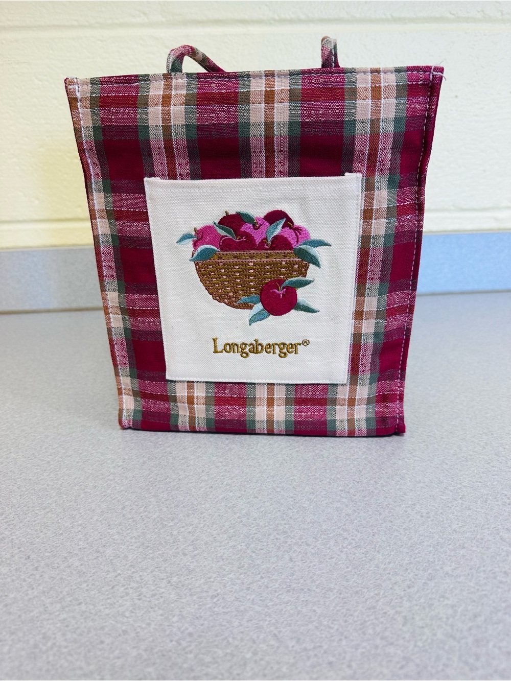 Longaberger Burgundy Homestead Plaid Tote with Embroidered Apple Basket